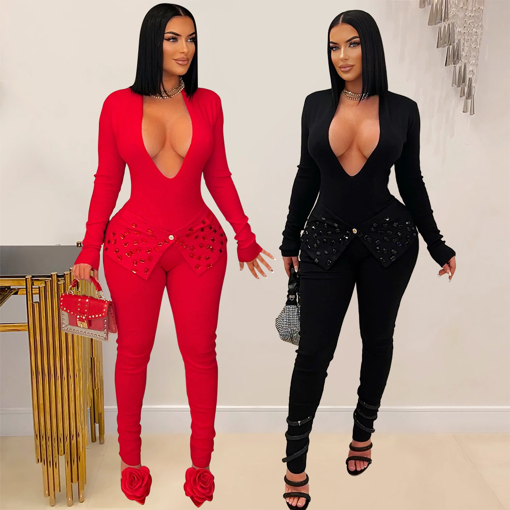 Sexy V-neck rhinestone jumpsuit slimming women 性感V领连体裤