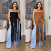 dress sexy women Fashion color solid long strapless tassel