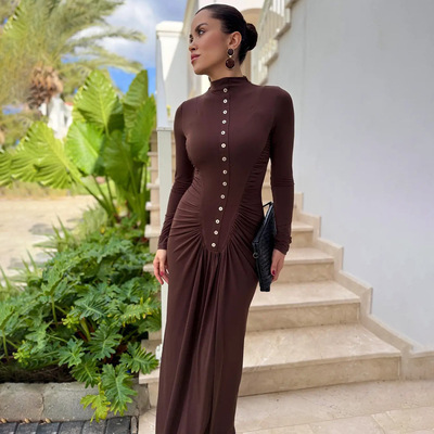 New single row decorative button round neck dress for women