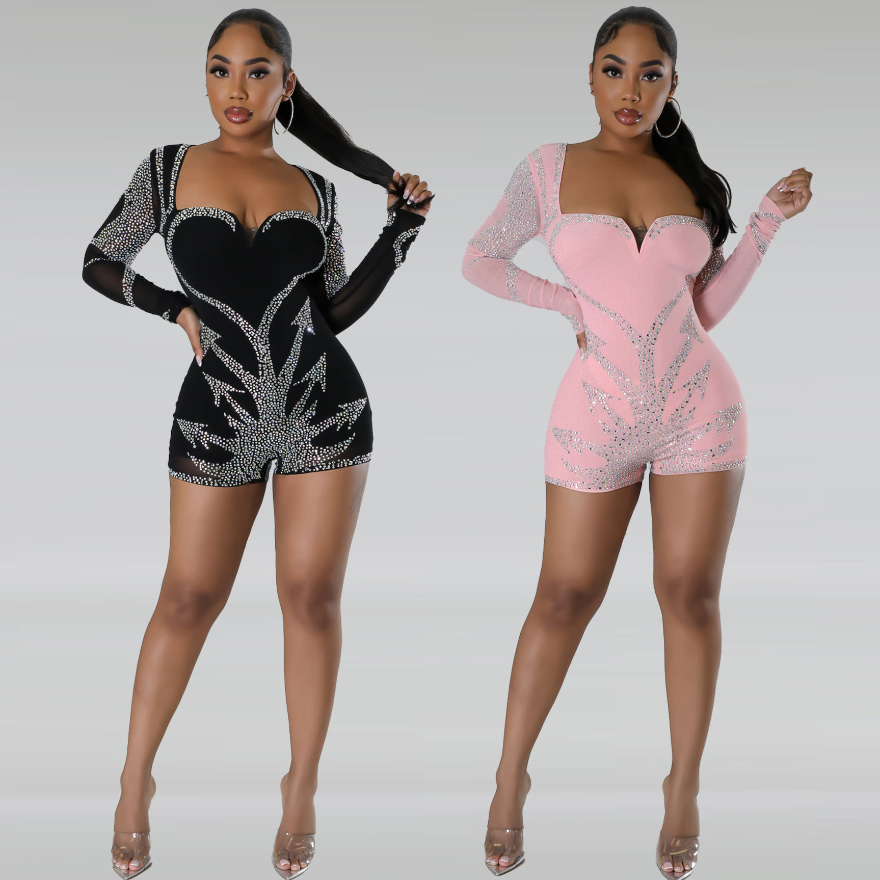 2023New women's sexy hot diamond tight long sleeved jumpsuit