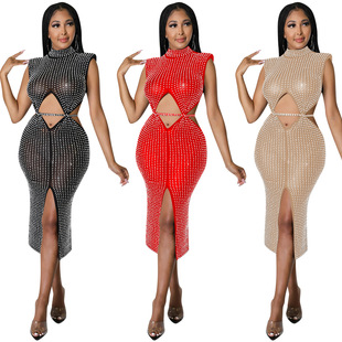 2022 mesh sexy Fashion split dress hollow women out skirt