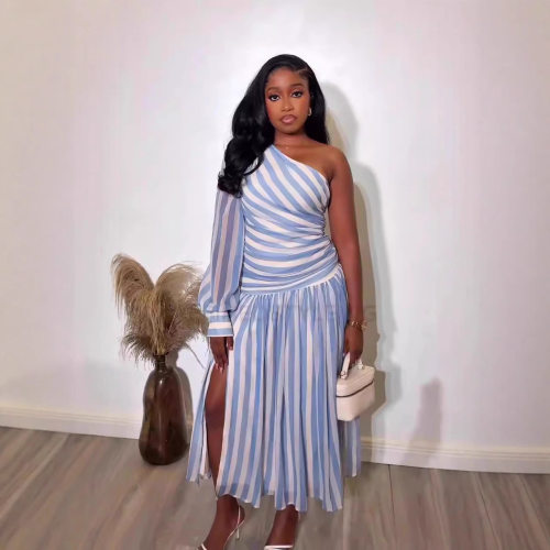 2026 New Women's Fashion Striped Single Shoulder Split Dress