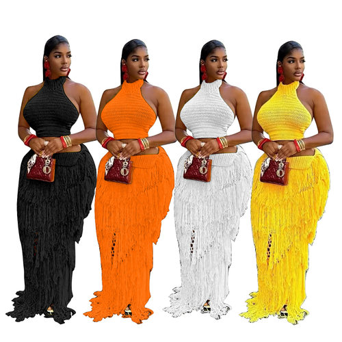 Women's new casual knitted fringe beach skirt two-piece set