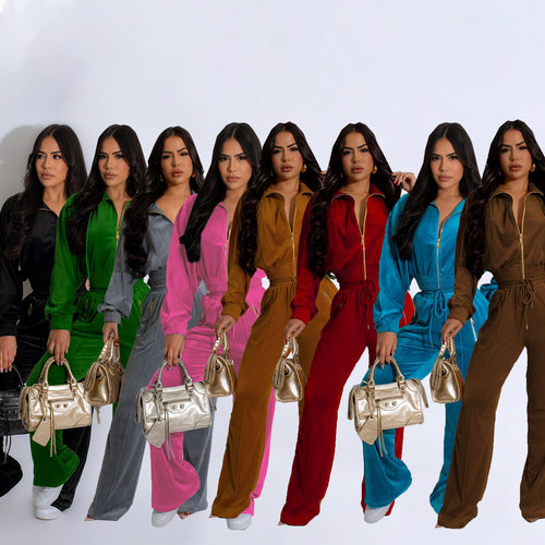 Fashion women's long sleeved zipper top pants two-piece set