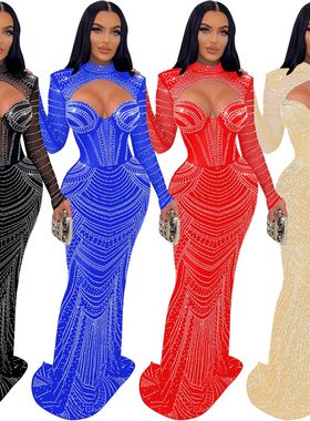 stage bling formal full dress for women elegant sequin skirt