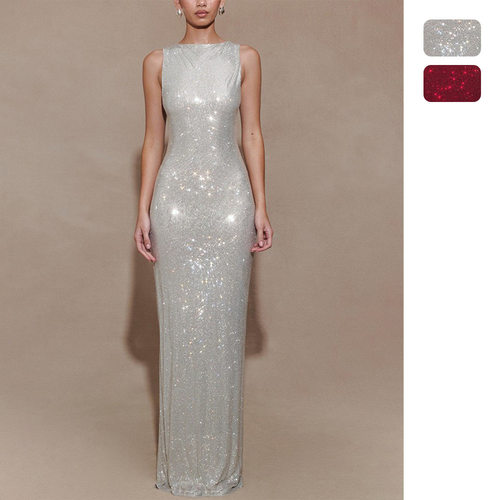 Women's sleeveless sequin sexy banquet evening party dress