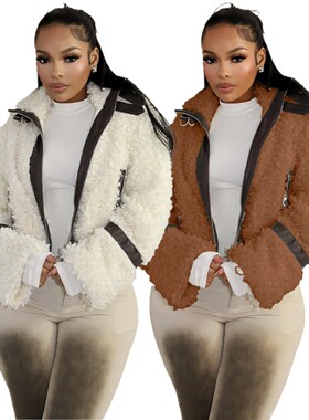 Casual fur collar leather women's jacket冬季毛领拼接皮革外套