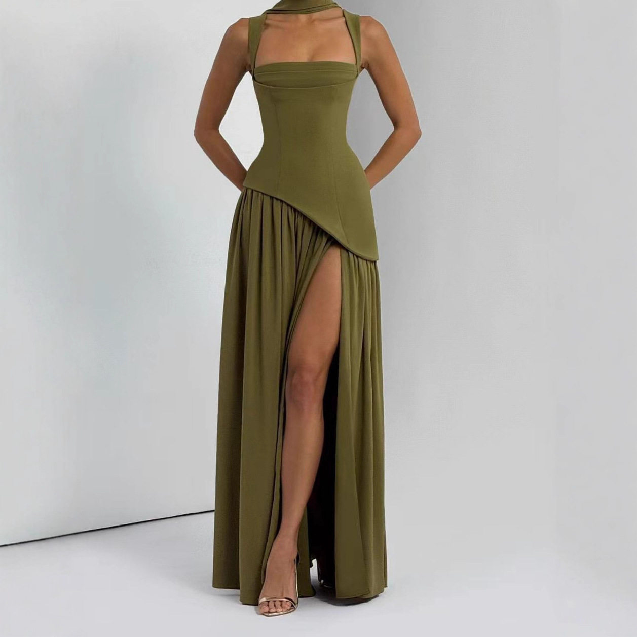 性感优雅围巾饰礼服裙开叉吊带连衣裙Sexy women suspender dress