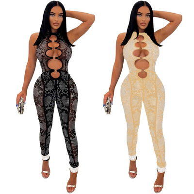 hollow-out studded sequin bling jumpsuit women Siamese pants