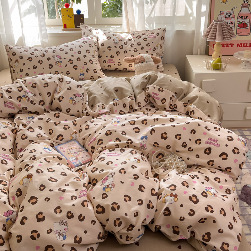 ins卡通款可爱豹纹kt小猫被套床上四件套学生床单人宿舍床三件套4