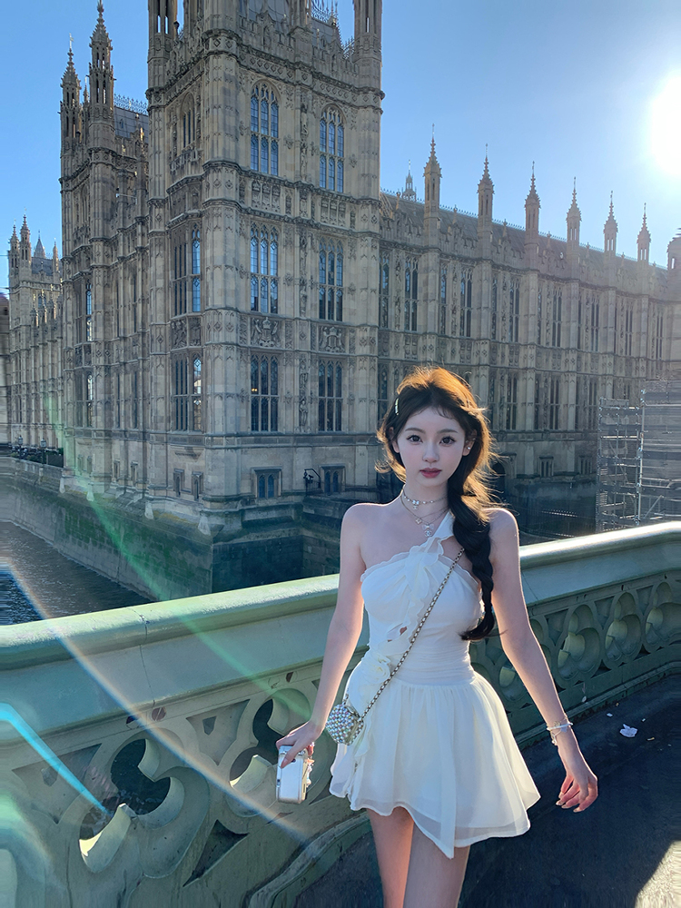 Pure Off-Shoulder Ruffles Ruched Bodycon Slim Looking Dress White Fairy Dress Beach Vacation Dress Short