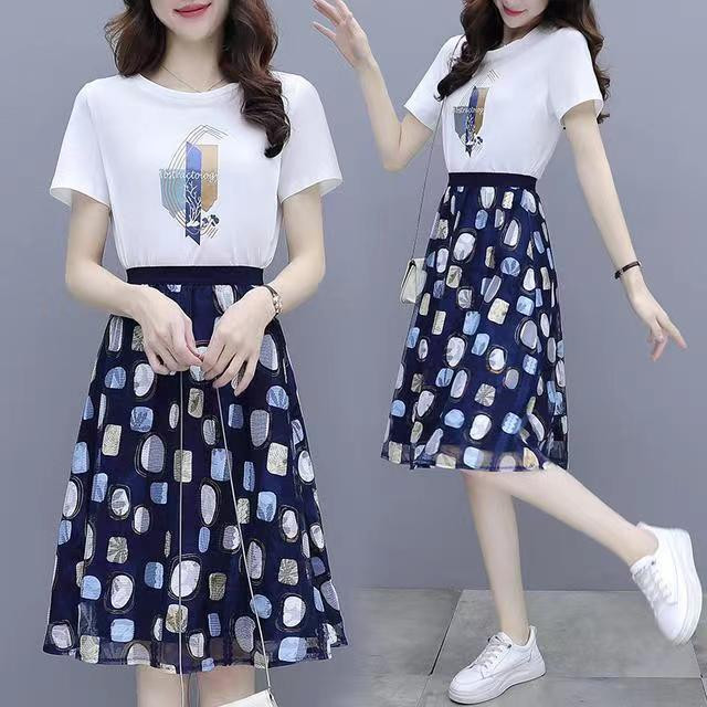 小个子套装连衣裙女夏2023新款大码t恤两件套裙子蕾丝网纱半身裙