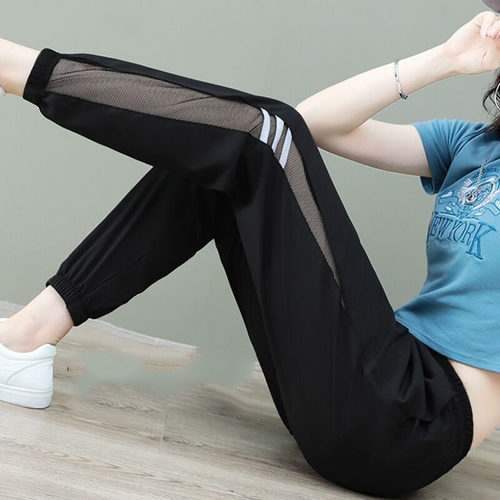 大码速干运动裤女夏网纱2022新款夏季九分裤子休闲宽松显瘦哈伦裤