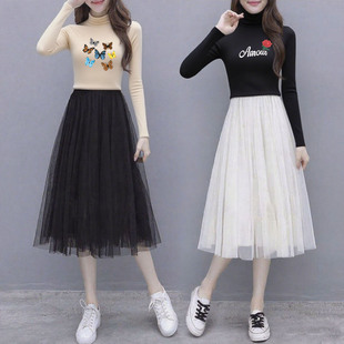 半高领长袖 新款 两件套裙子网纱裙女半身裙 女秋季 小个子连衣裙套装