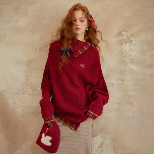 【鱼九九推荐】AsGony 翻领格纹拼接蝙蝠袖毛衣