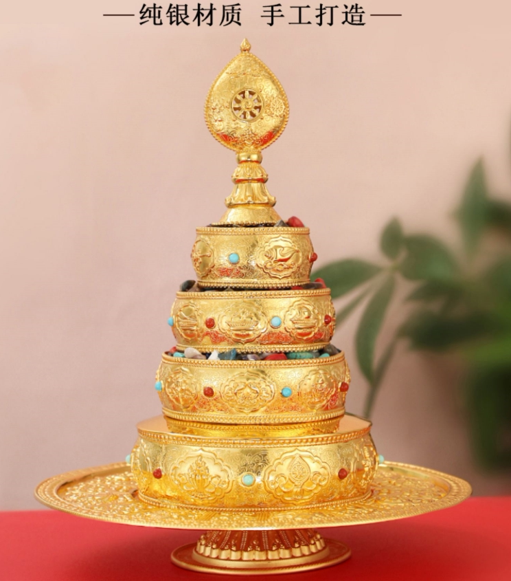s999足银曼扎盘银镀金八吉祥八瑞物曼达盘三十七堆七政宝曼茶罗盘
