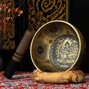 迷你雕花颂钵尼泊尔手工铜钵冥想静心音碗满雕吉祥图案颂钵磬摆件