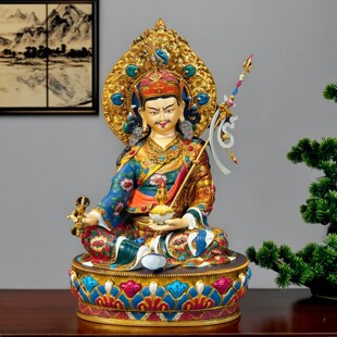 尼泊尔工艺精品纯铜彩绘莲花生大师佛像手工錾刻莲师坐像供奉摆件