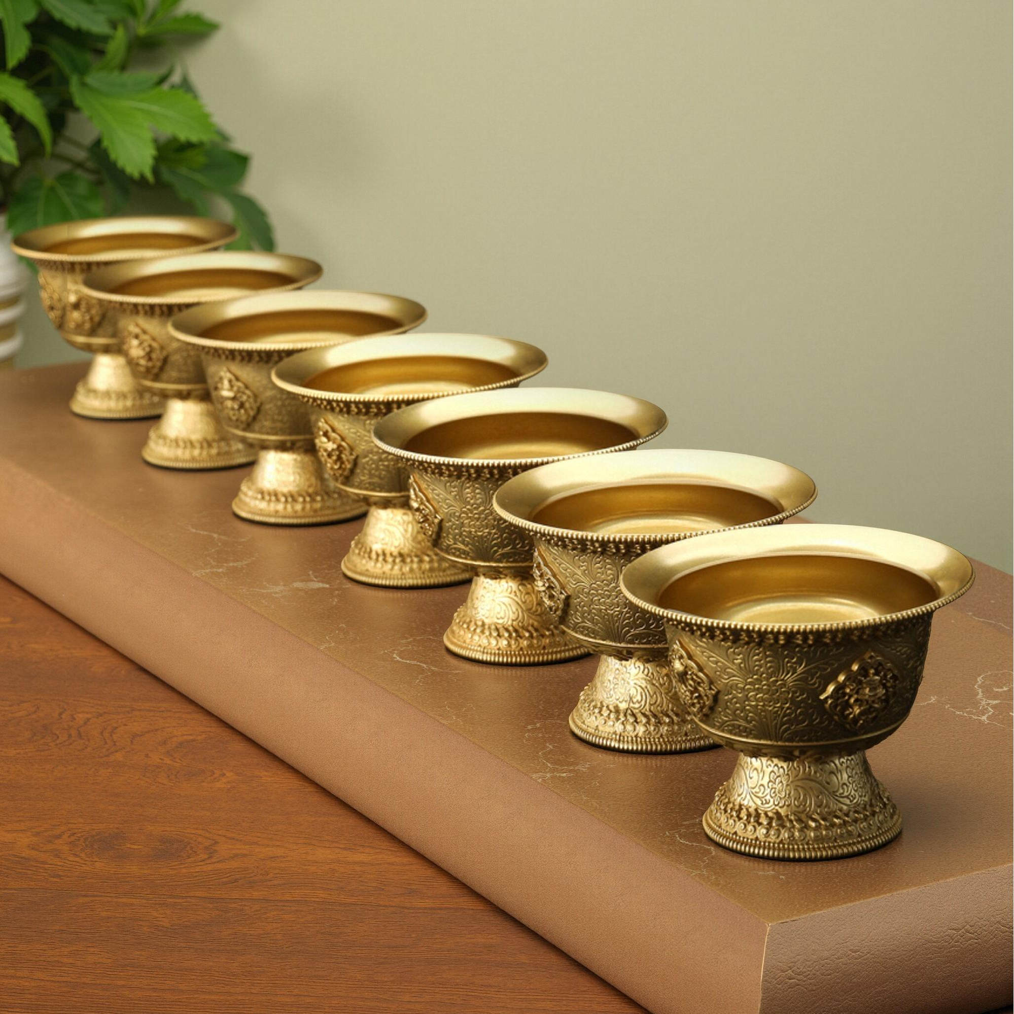 民族高脚供水杯家用纯黄铜八吉祥平底供水碗七供八供圣水杯供奉杯