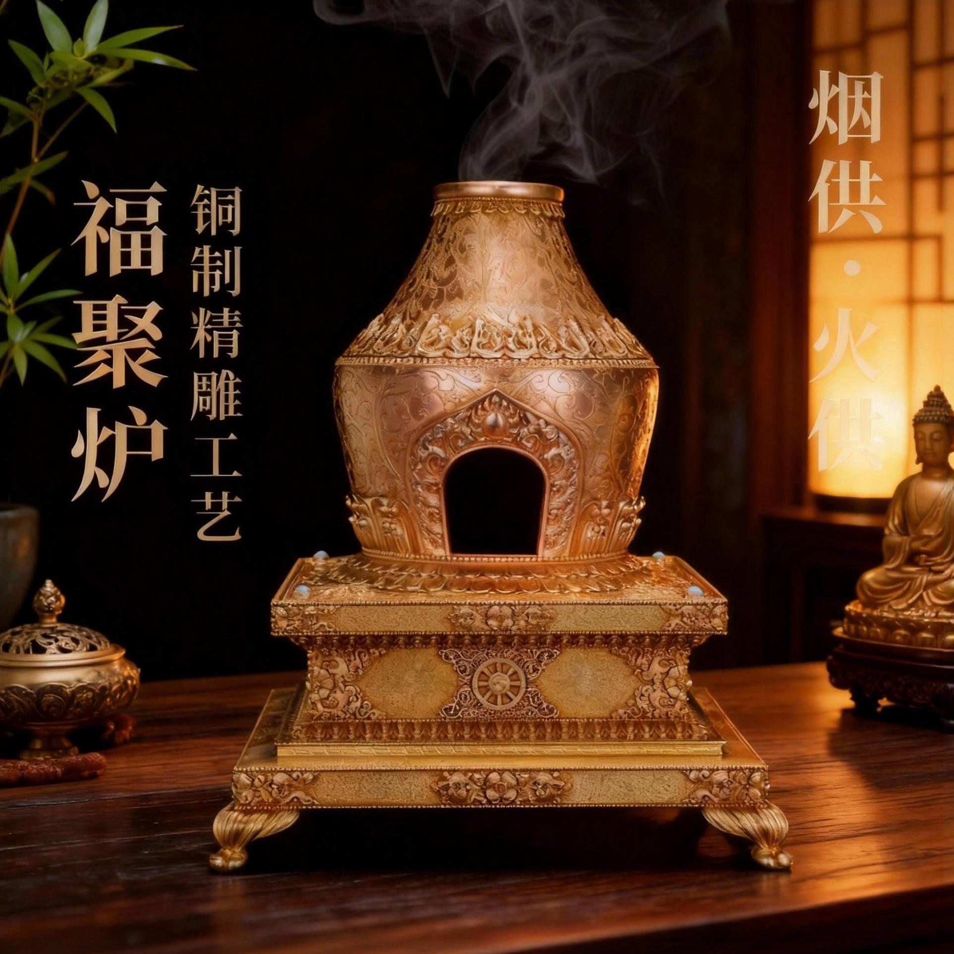 香薰炉黄铜福聚炉烟供香炉烟供盘火供炉煨桑施食香具甘露勺