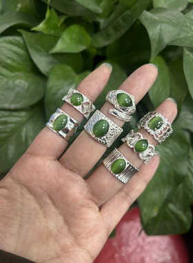 天然和田玉佩戴藕粉粉青俄罗斯阳绿猫眼碧玉925银镶玉可调节戒指