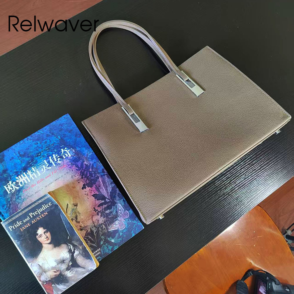 Relwaver头层牛皮单肩包大象灰定型托特包通勤大包简约真皮女包