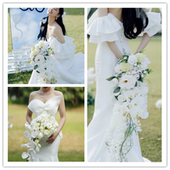 白绿韩式 手捧花瀑布形新娘花束仿真婚礼复古民国风拍照道具手捧花