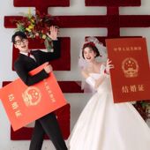 新中式 婚纱照超大喜字背景花红色插花新娘红色瀑布手捧花