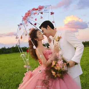 2025新款婚纱照外景旅拍道具流苏粘花伞透明雨伞粘花头纱拍照道具