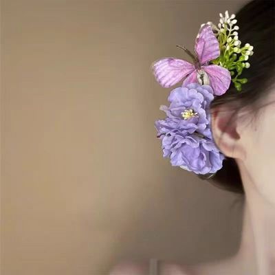 紫色超仙花朵蝴蝶鸭嘴夹女