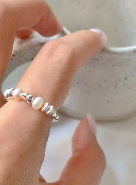 春醒不规则珍珠碎银弹力绳戒指