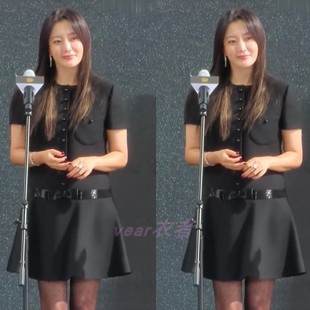 韩国明星金喜善张天爱赵露思活动同款黑色连衣裙新夏季时尚高贵女