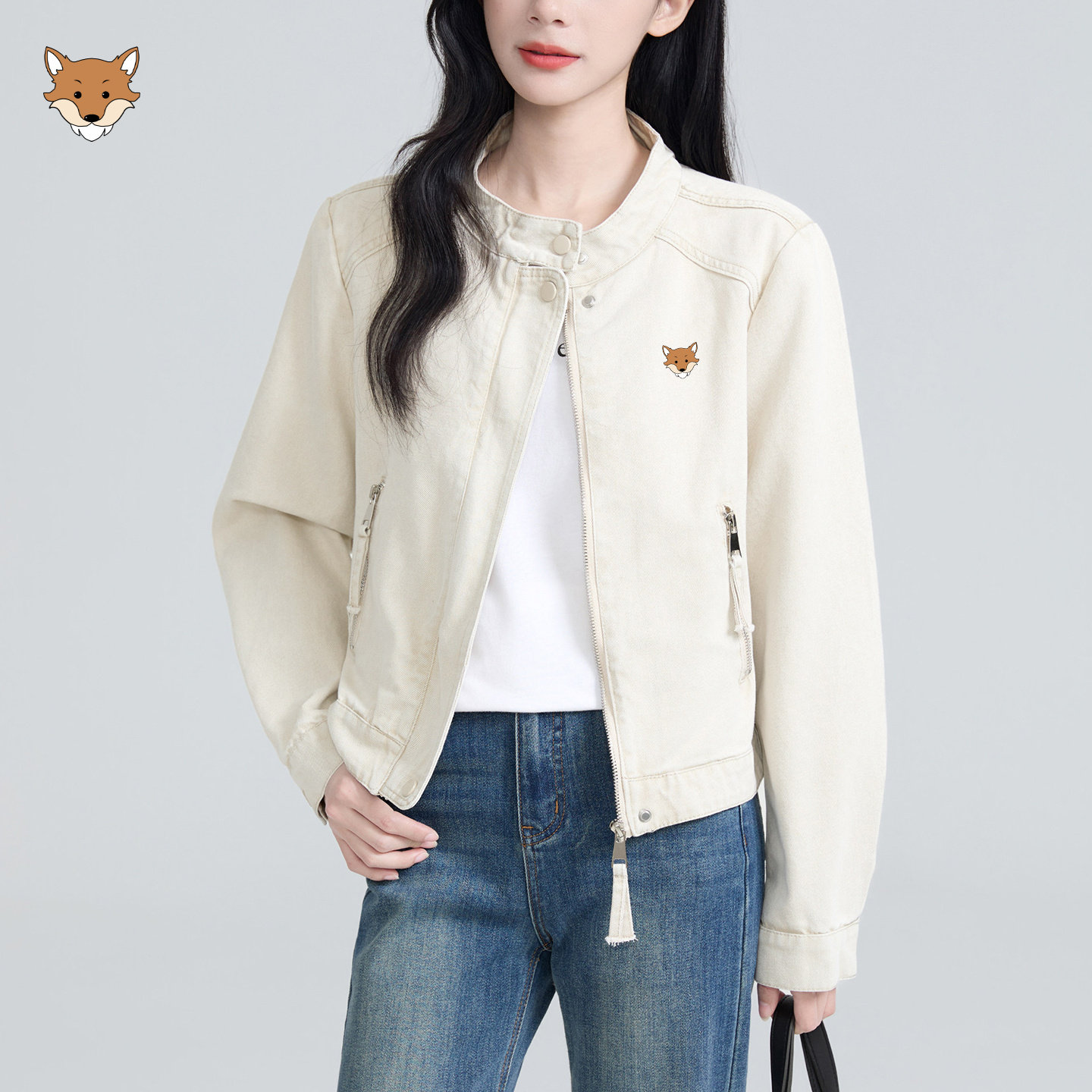 April Fox 英国小狐狸2026秋新款立领外套女宽松拉链夹克短款上衣