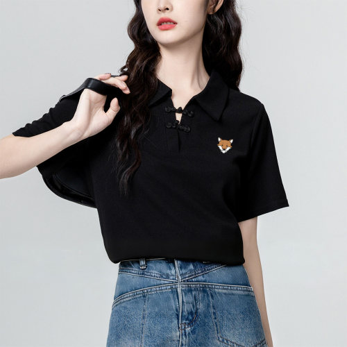 April Fox英国 小狐狸盘扣短袖T恤女2026 季新款POLO领正肩上衣