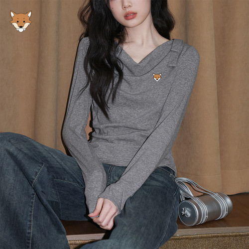 April Fox英国 小狐狸灰色不规则长袖T恤女秋2026新款修身短款上