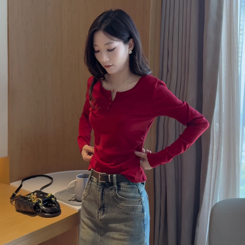 韩系半开领v领长袖T恤打底衫