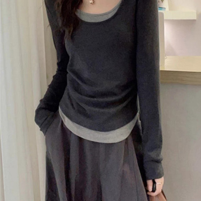 大码韩系假两件撞色磨毛长袖T恤