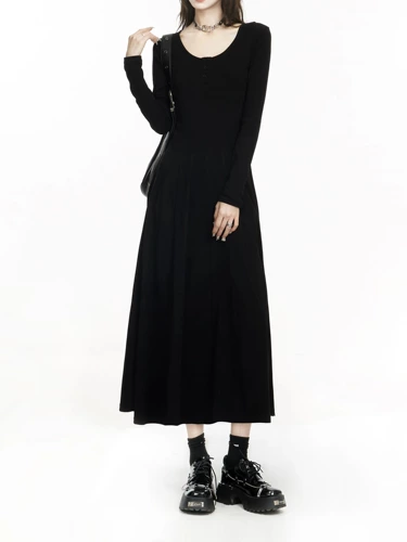 Черный лонгслив, приталенный корсет, длинная юбка для отдыха, осенний, подходит для подростков, высокая талия