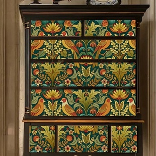 莫里斯风格花鸟贴纸柜子柜门改造玻璃门家具翻新复古美式墙纸自粘