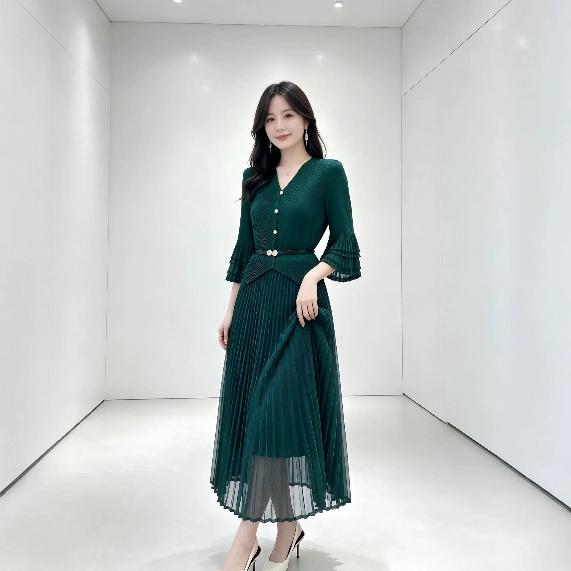 纯色简约优雅时尚套装春秋款修身显瘦褶皱上衣百褶裙女两件套优质
