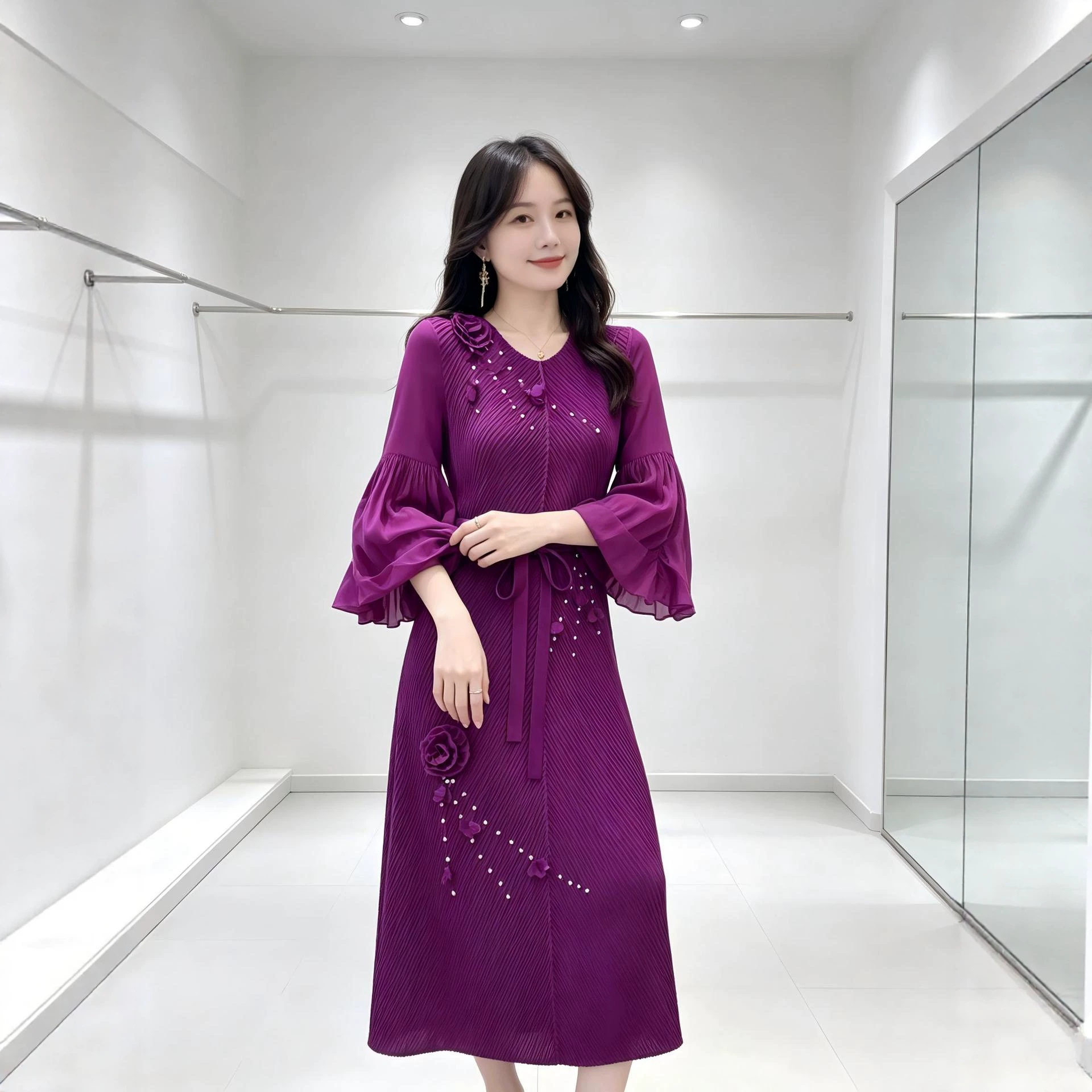 修身时尚纯色优雅连衣裙秋新款花朵系带褶皱大码喇叭袖裙子女优质