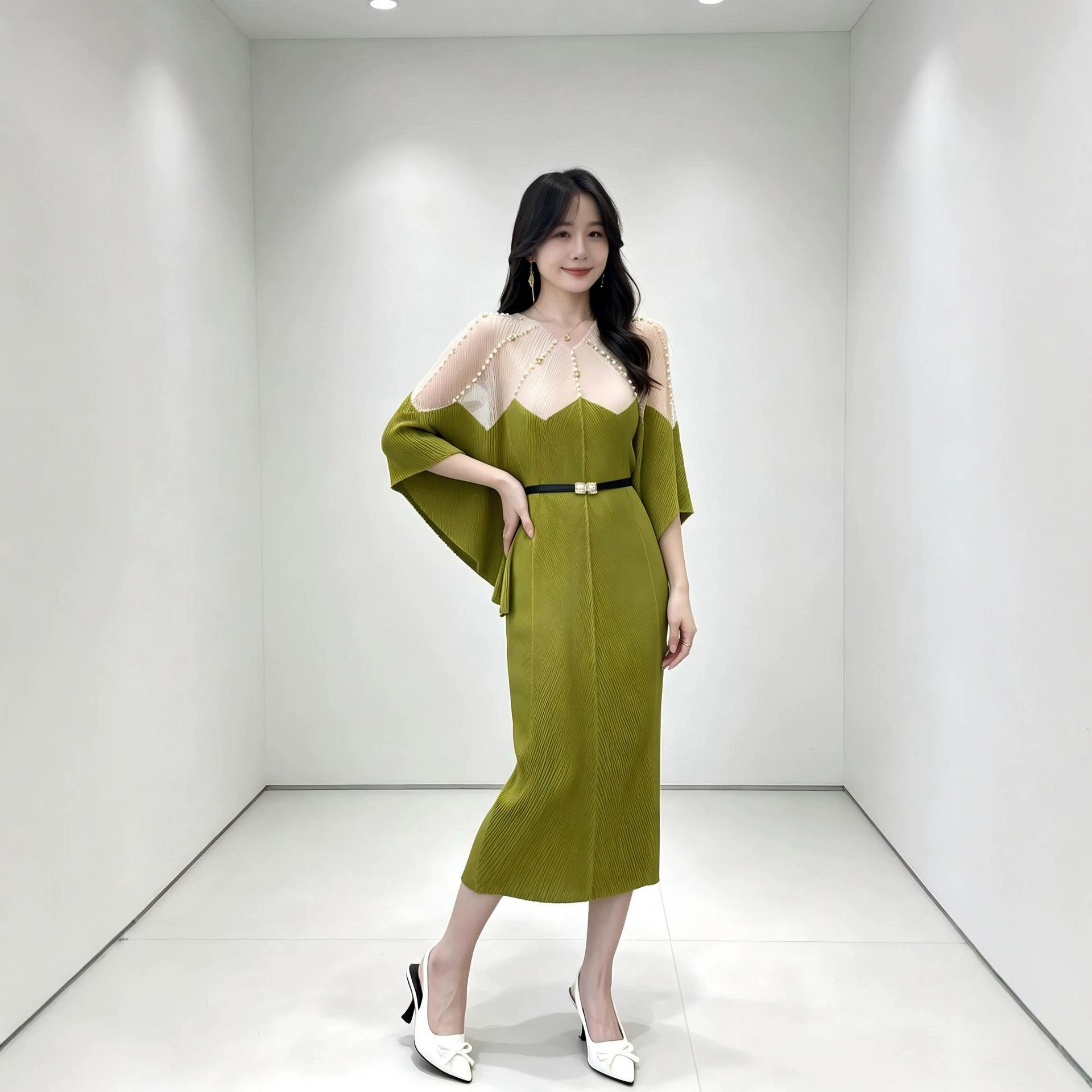 时尚大码宽松拼接连衣裙春秋款褶皱系带蝙蝠袖感裙子优质日韩新潮