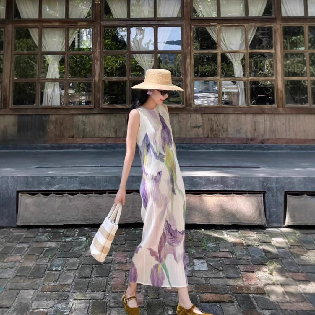 气质无袖连衣裙感鸢尾花印花夏季旅游穿搭出片无袖铅笔裙优质日韩
