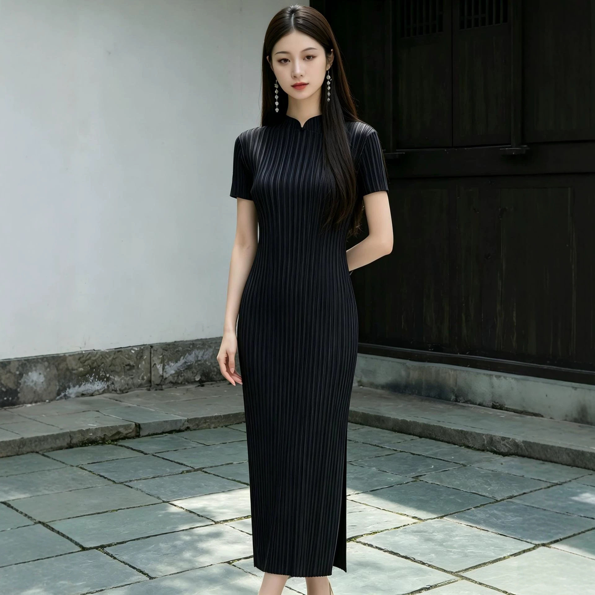 复古时尚新国风改良旗袍版连衣裙褶皱修身显瘦夏新款纯色裙子优质