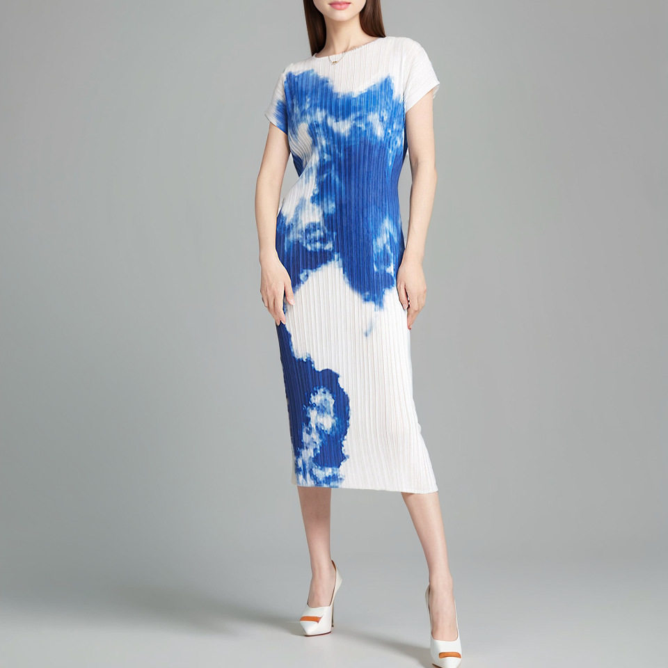 时尚晕染连衣裙女装夏季圆领短袖宽松系带中长款时尚百搭褶皱长裙