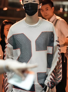 范丞丞李帝勋同款夏季镂空长袖男女潮流杏色印花高级感网格上衣潮