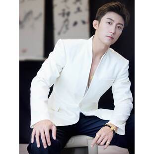 欧洲黄景瑜同款v领白色西装外套男士韩版修身帅气春秋百搭西服夹