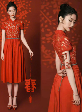 欧购改良旗袍敬酒服新娘结婚小个子回门红色中式订婚礼服裙连衣裙