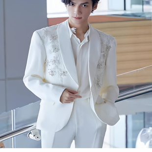 西服外套潮 重工高定手工串珠定制痞帅气质韩版 罗云熙同款 白色西装