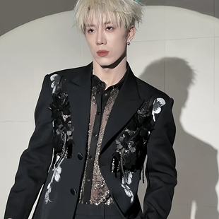 高级感垫肩宴会舞台礼服西服潮 男士 明星鹭卓同款 黑色立体花朵西装